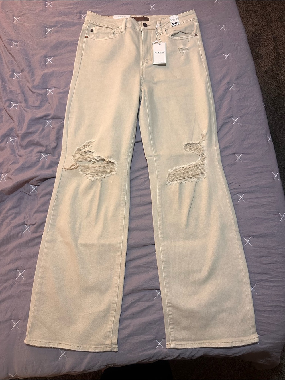 Judy Blue Light Beige Distressed Wide-Leg Jeans
